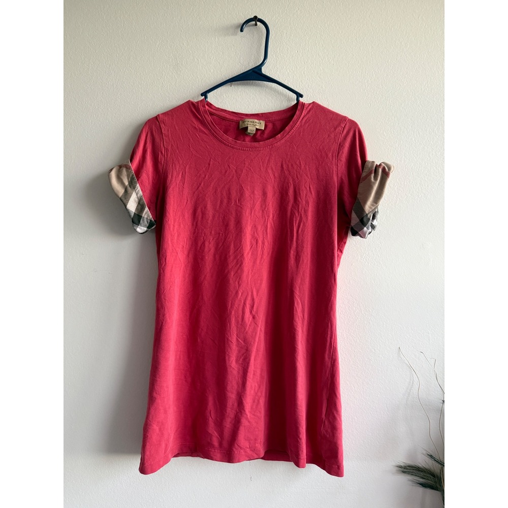 Burberry‎ Pink Cuffed Nova Check Sleeve T-Shirt Womens Medium Short Sleeve Tee